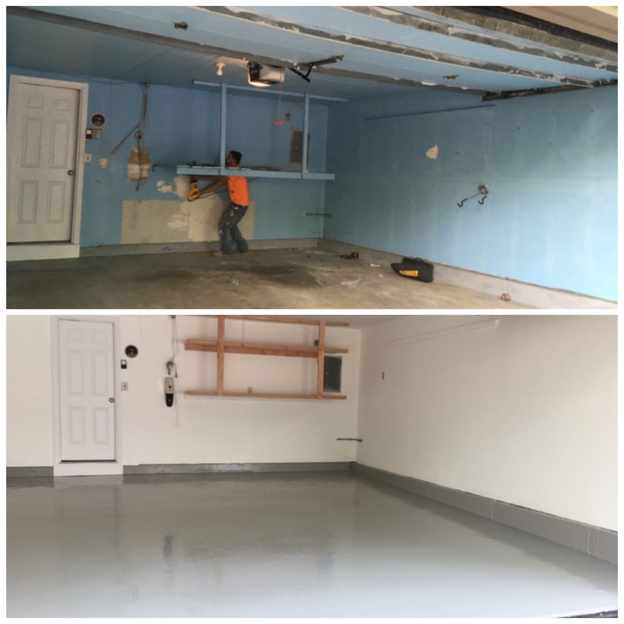 Before and after garage renovation with epoxy floor