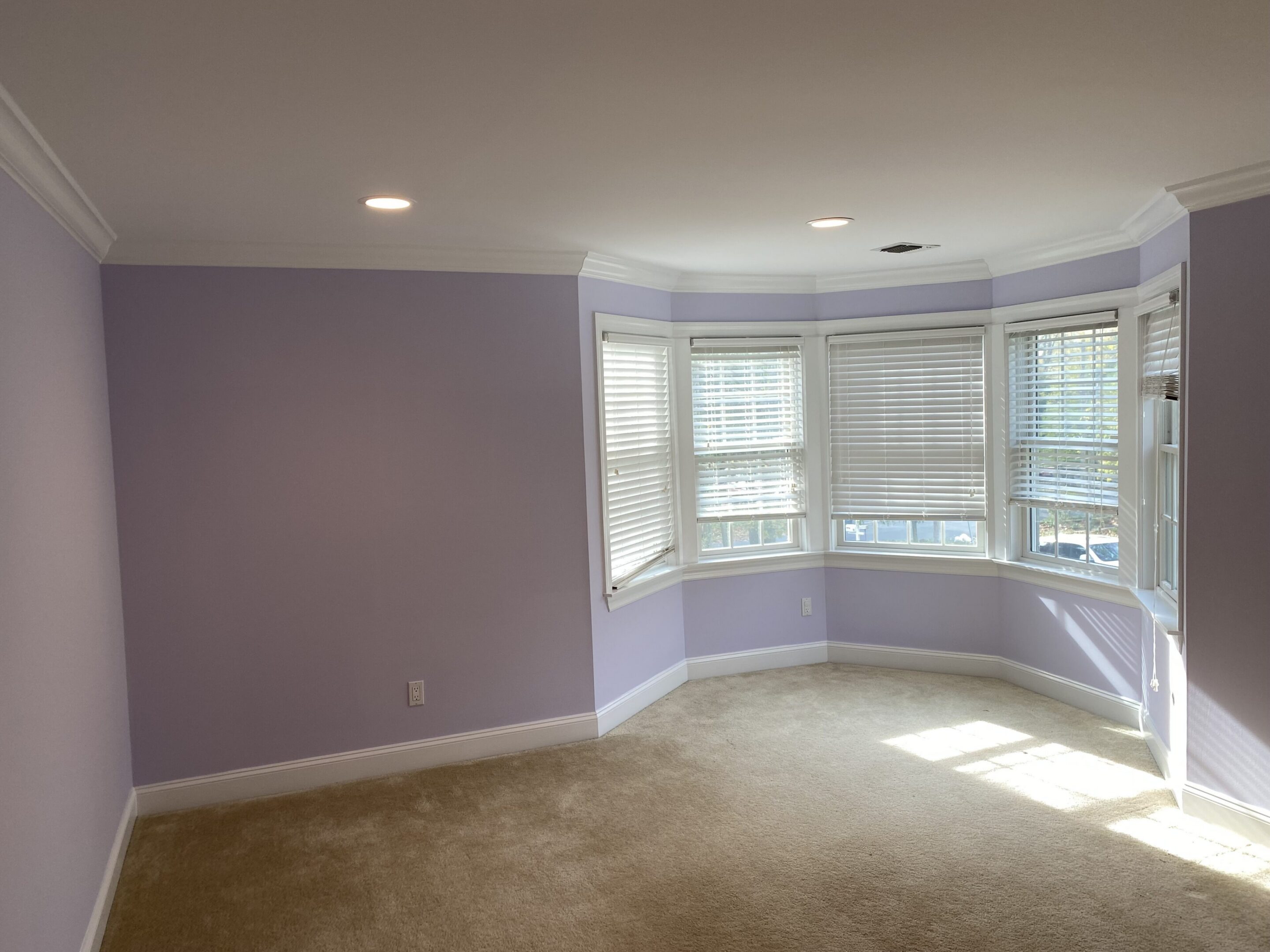 Empty lavender bedroom with bay window